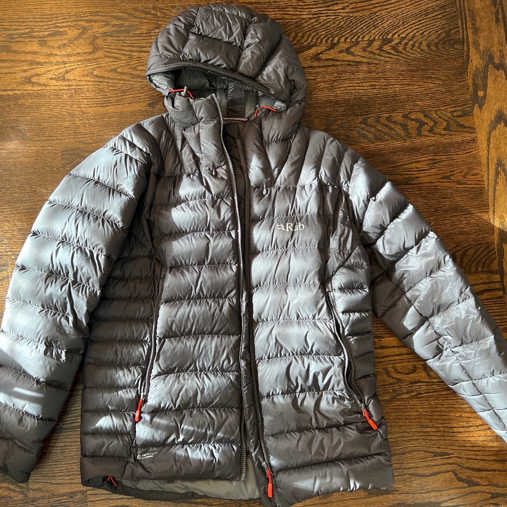 Rab Men's Hooded Down Puffer Jacket in Gray